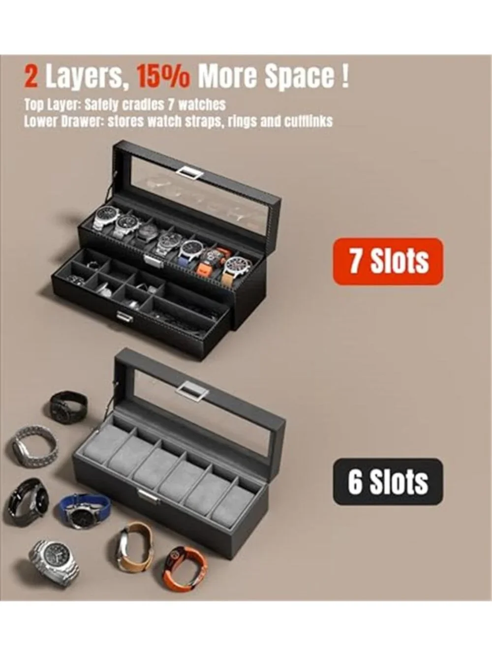 Watch Case Box for Men 7 SLots Watches Storage Organizer Real-Glass Display